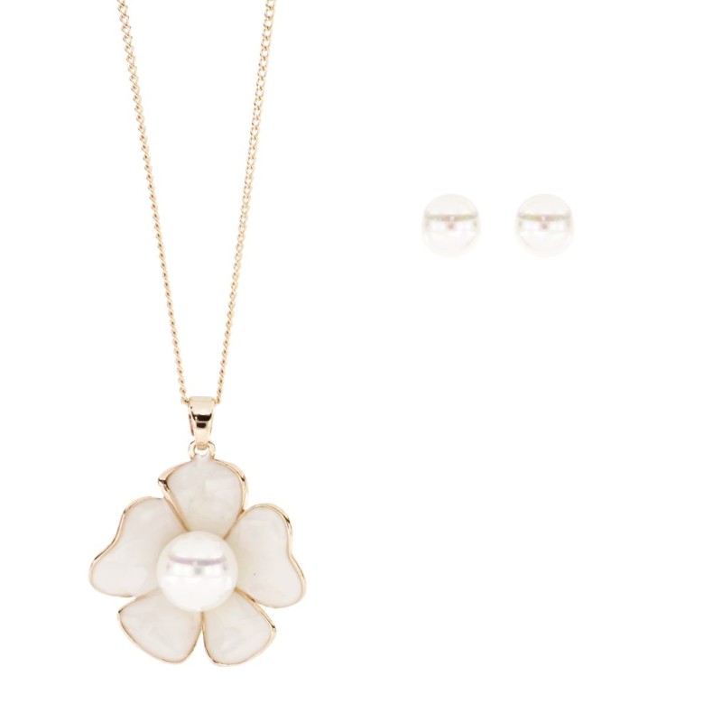 JUEGO CHAPA DE ORO ARE/GARG FLOR C/PERLA J15 MEX.